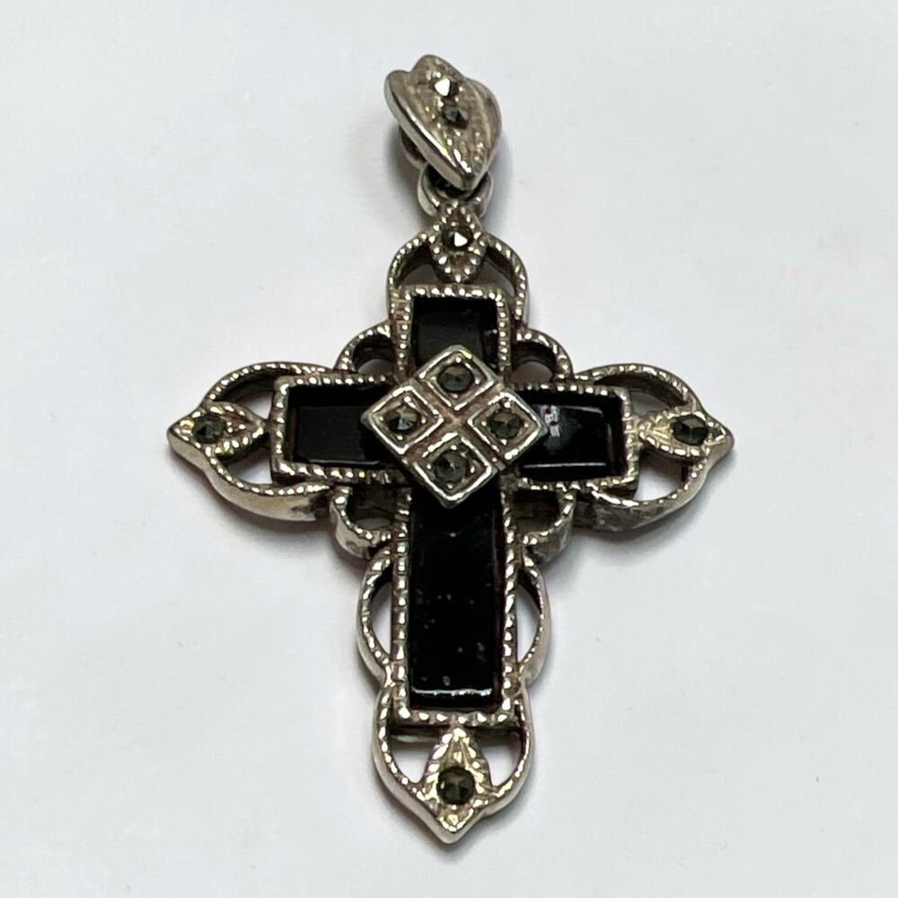 Vintage 925 Silver Gothic Cross Pendant-Black Onyx & Marcasite Filigree Cross
